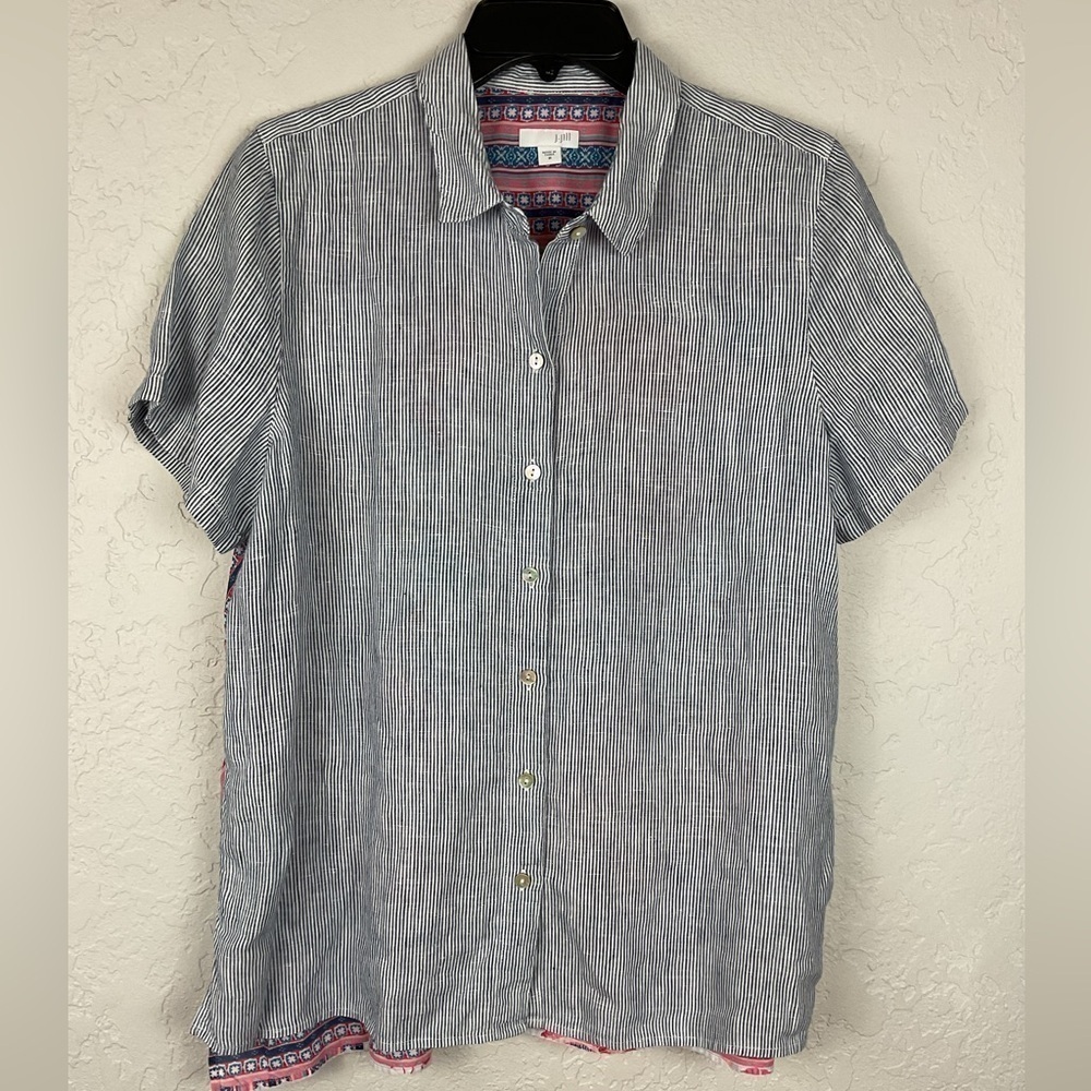 Women’s J Jill Blue White Striped Linen Cotton Floral Button Down Short Sleeve
